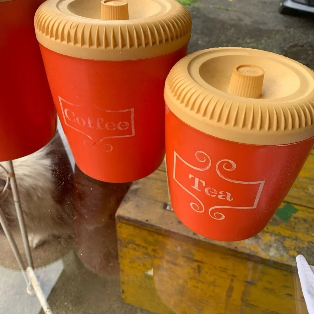 Vintage MCM Orange Tea Coffee Sugar Flour Round Cannister Set Plastic 60s 70s